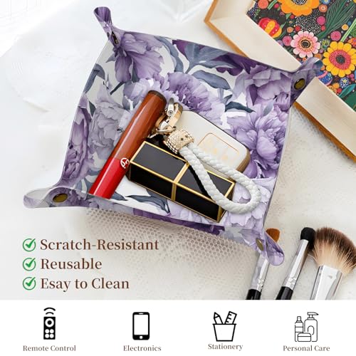 PU Leather Jewelry Valet Tray, Portable Catchall Tray for Keys, Wallet, Watch,Travel Jewelry Tray Organizer for Nightstand Desk Entryway Home Decor Gift for Women Men Purple Flowers - color: Purple Flowers