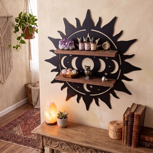 Moxweyeni Crystal Display Shelf for Wall, 11.8 Inch Sun Shape Floating Wooden Shelf with Iron Backing, Boho Wall Hanging Decor Organizer for Crystals, Stones, Gems, Home - style: Sun