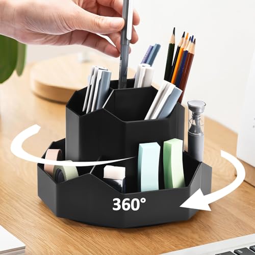 Pencil Pen Holder for Desk, 9 Slots 360 Degree Rotating Desk Organizer, Cute Pen Organizers Stationery Supplies for Office Home & Art Supply (Black) - color: 9 Slot-Black