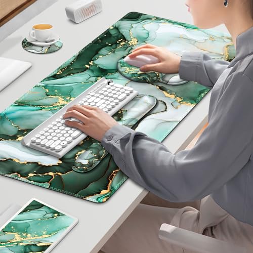 Gaming Mouse Pad, Large Desk Mat, Cute Desk Pad Protector, 4in1 XXL Mousepad + Keyboard Wrist Rest+Mouse Wrist Rest+Coaster Set with Ergonomic Desk Pad for Home Office PC Computer, Green Marble - color: Green Marble