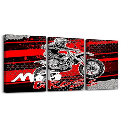 Feelyou Kids Boys Dirt Bike 3 Piece Canvas Wall Art for Living Room Extreme Sports Theme Motorcycle Wall Decor for Bedroom Office Motocross Rider Teens Ready to Hang Pictures Home Decor 3 Pieces - color: Deep Black and Red