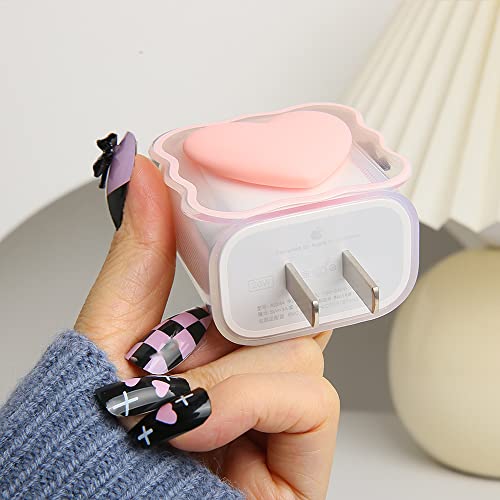 Compatible with iPhone 18W/20W USB-C Charger Cover Lovely 3D Love Heart Waves Clear Soft Charger Protector Cute Cable Saver for iPhone 11 12 13 14 Pro Max Fast Power Adapter, Pink 1 (5in1) - color: Pink 1 (5 in 1)