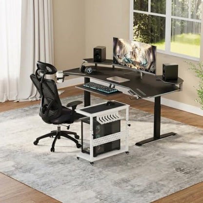 GarveeHome Computer Tower Stand with Cable Management Rack, Adjustable Rolling CPU Holder Cart (22.83 to 34.1 Inches) for Under Desk, 2-Tier Mobile PC Tower Stand for Office and Home Use,White