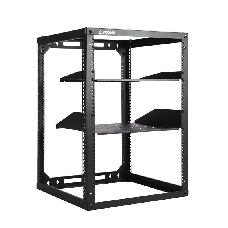 AEONS 15U Open Frame Network Server Rack 19-inch 4 Post AV Rack with Casters for Floor Standing and Wall Mount, Side Load for Extra Depth– Complete Kit with 1U and 2U Vented Shelves, Black - style: 15U-Kit