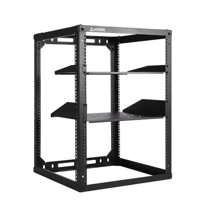 AEONS 15U Open Frame Network Server Rack 19-inch 4 Post AV Rack with Casters for Floor Standing and Wall Mount, Side Load for Extra Depth– Complete Kit with 1U and 2U Vented Shelves, Black - style: 15U-Kit