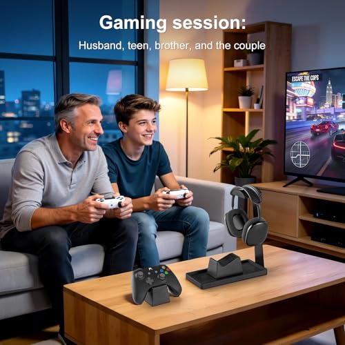 UPERGO Headset Stand with 2 Controller Holders - Solid Wood & Metal Gaming Headphone Holder for Switch, Controllers, and Desk Accessories (Black) - color: Black