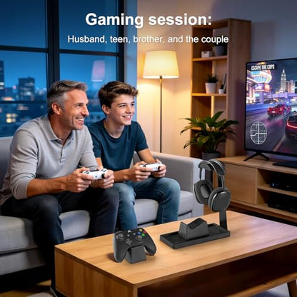 UPERGO Headset Stand with 2 Controller Holders - Solid Wood & Metal Gaming Headphone Holder for Switch, Controllers, and Desk Accessories (Black) - color: Black