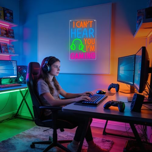 I Can't Hear You I'm Gaming Neon Sign, Colorful Headphone LED Light for Game Room Bedroom Decor, USB Powered Dimmable Gaming Neon Sign, Unique Gift for Gamers, Teen Boys, Game Room Wall Decor - color: Orange, dark blue, green, rose red
