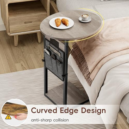 Vagusicc C Shaped End Table with Charging Station, 32" Tall Side Table for Couch and Recliner, Adjustable Height Small Couch Side Table Slide Under Sofa TV Tray Table for Living Room, Bedroom, Greige - color: Greige, style: Charging Station