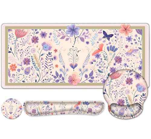 Cute Desk Mat, 4in1 Large Mouse Pad with Wrist Rest, Desk Matt for Desktop, Deskpad Mat, Anti-Slip XXL Computer Ergonomic Mousepad with Wrist Support for Keyboard and Mouse I Retro Purple Floral - color: Retro Purple Floral
