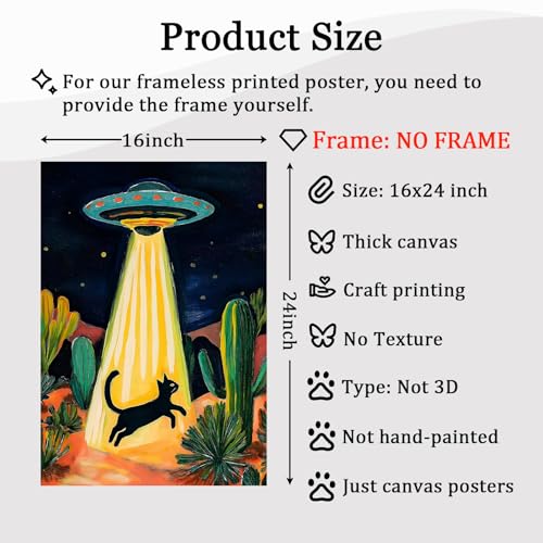 Retro Ufo Canvas Wall Art Desert Cactus Picture Ufo Poster Funny Black Cat Prints Dark Moody Landscape Painting Cat Abstract Animal Poster Alien Abduction Art Desert Landscape Artwork 16x24in No Frame - color: A2Unframed