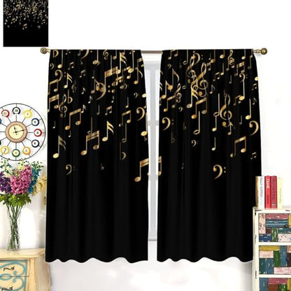 Musical Notes Curtains, Golden Music Note Print Black Background Modern Art Window Treatments Drapes for Living Room Bedroom Kitchen Home 42" W X 45" L(No Blackout) - color: Musical-10, size: 20.5"W x 45"L (Pack of 2)