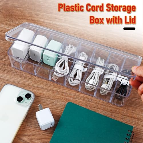 4 Pack Cable Organizer Box with Lid, Clear Plastic Cord Storage Box for Home & Office, Includes 8 Dividers & 40 Cable Ties (27 x 9.5 x 6 cm)