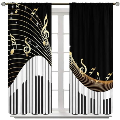 Music Musical Note Curtains, Black White Piano Key Golden Musical Notes Window Drapes for Home Bedroom Living Room 42" W X 45" L(No Blackout) - color: Musical-4, size: 20.5"W x 45"L (Pack of 2)
