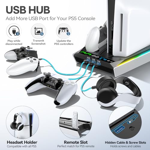 PS5/Slim/Pro Stand for Disc & Digital Console, PS5 Cooling & Charging Station with RGB Lights, PS5 Controller Charger Built-in 3 Level & AUTO Adjustable Fan, Accessories for PlayStation 5 Cases - color: Black & White