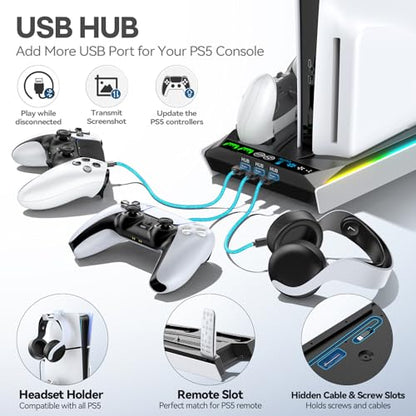 PS5/Slim/Pro Stand for Disc & Digital Console, PS5 Cooling & Charging Station with RGB Lights, PS5 Controller Charger Built-in 3 Level & AUTO Adjustable Fan, Accessories for PlayStation 5 Cases - color: Black & White