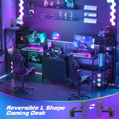 Small Gaming Desk with 2 Fabric Drawers - Reversible Computer Desk with Power Outlet & LED Lights, 49" Office Desk with Monitor Stand & Storage Shelves, Writing Study Table with Pegboard, Black - color: Black