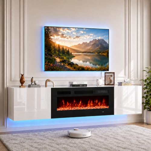 70'' Floating TV Stand with 36" Electric Fireplace, Wall Mounted Entertainment Center for TVs up to 80", Adjustable 12-Color LED Lights TV Console for Living Room,White and Black - color: White & Black, size: 70 IN