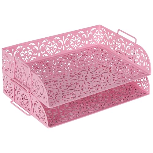 EasyPAG Paper Organizer for Desk 2 Tier Stackable Paper Tray for A4 Legal Size Folders Metal File Storage Desktop Organizer for Home Office School Teacher, Pink - color: Pink