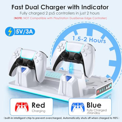 PS5/Slim/Pro Stand and Cooling Station with Dual Controller Charging Station for PlayStation 5 Console Disc & Digital, PS5 Controller Charger and Cooling Fan with Game Storage, Headset Holder