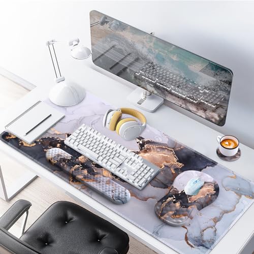 Desk Pad Mat, Large Mouse Pad with Wrist Rest, Ergonomic Keyboard Wrist Support, XXL Carpal Tunnel Mousepad Set with Coaster, Computer Keyboard Matt for Laptop Desktop, White Gray Marble - color: Marble White Grey Gold