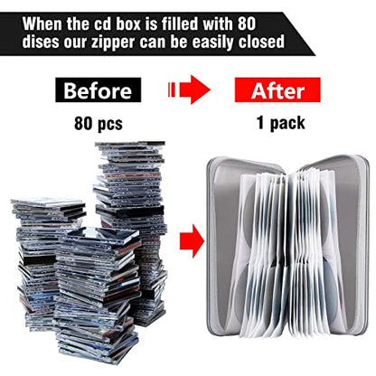 Siveit CD Case Holder, 80 Capacity CD/DVD Case Holders Wallet Hard Plastic CD DVD Disc Cases Storage Binder for Car Home Office Travel (Grey) - color: Silver