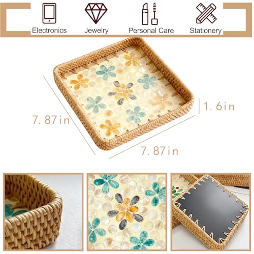 Handwoven Wicker Valet Tray, 8 Inch Square Catch All Organizer for Jewelry, Watches & Keys | Decorative Tray for Nightstand, Desk, Entryway, Coffee Table & Bathroom Counter