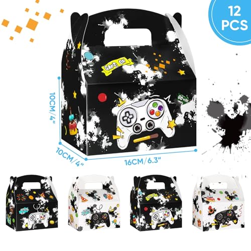 WERNNSAI 12 Pcs Video Game Candy Boxes Gift Box for Black Game Night Party | Black & White Ink Splatter Design, Double-sided Design Styles, Vibrant Printing Quality, Sturdy and Easy to Assemble - color: Video Game B