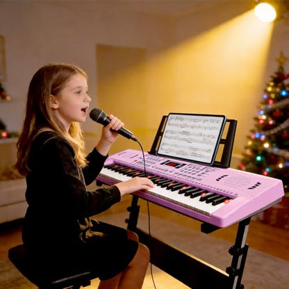 Keyboard Piano 61 Lighted Keys, Electric Keyboard Kit with 100 Voices, 100 Rhythms - Built-In Speaker, Microphone, Sheet Stand and Power Supply, Gift for Children Beginners [Pink, Piano with Stand] - color: Pink