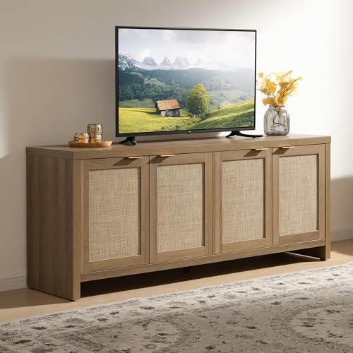 SICOTAS TV Stand for Living Room Boho Entertainment Center for Bedroom with 4 Rattan Cabinets Farmhouse Television Stands with Storage Large Media Console Table for TVs up to 65 Inch - color: Reclaimed Caramel Oak