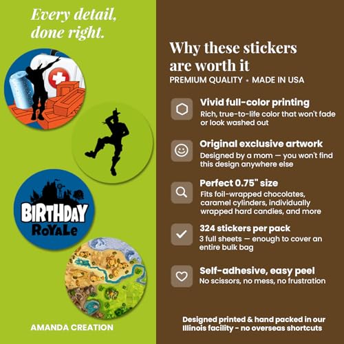 Fort Battle Video Gaming Theme Birthday Party Kiss 300 Sticker Labels 0.75" Circle for Chocolate Drop Kisses, Kids Party Stationery Set, Envelope Seals & Goodie Bags, Made in USA by Amanda Creation