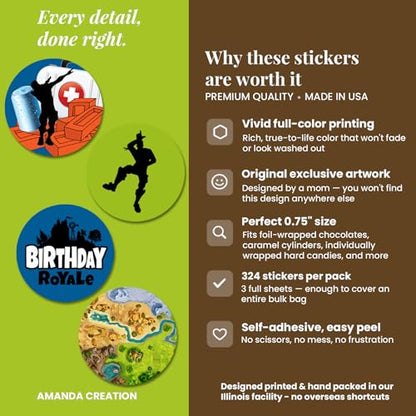 Fort Battle Video Gaming Theme Birthday Party Kiss 300 Sticker Labels 0.75" Circle for Chocolate Drop Kisses, Kids Party Stationery Set, Envelope Seals & Goodie Bags, Made in USA by Amanda Creation