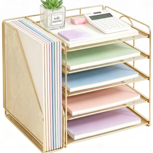 OPNICE Desk Organizer, 5-Tier Paper Organizer Letter Tray with Magazine Holder, Office Desk Accessories & Workspace Organizers, Desktop File Organizer for Office Supplies Storage, Gold - color: Gold, size: 15.5" x 9" x 10.3"