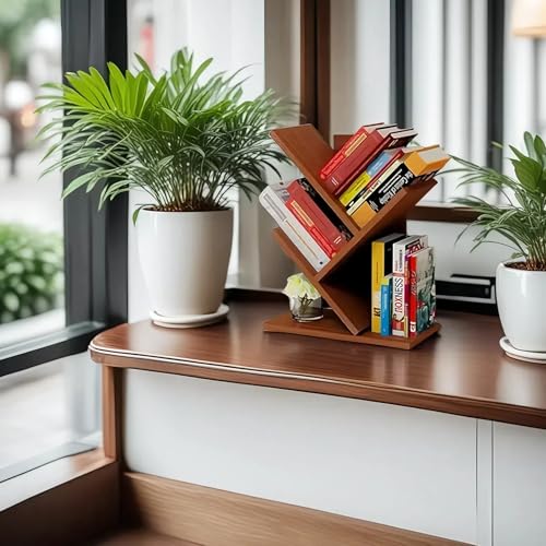 Godferyxin Tree Bookshelf,Small Bookshelf,3 Tier Wood Mini Book Shelf and Book Tree for Office, Home or School Desktop Book Shelf for for Displaying Books, CDs, Magazines Wood Storage Rack - color: 3-tier-teak Color