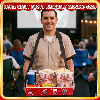 Movie Night Trays with Strap 15 x 10 x 3 Inch Wooden Snack Tray Party Wearable Serving Trays Usherette Popcorn Drink Beverage Carrier for Theater Family Room Film Carnival Prop Supplies(Party Style) - style: Party Style