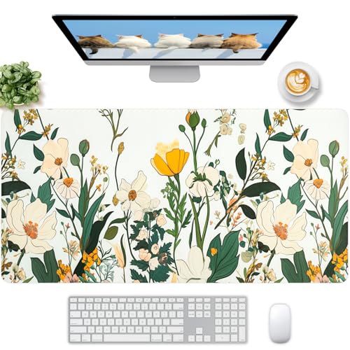 Large Desk Mat, Desk Matt for Desktop, Leather Mouse Pad, Waterproof Large Keyboard Pad, Anti-Slip Computer mat, Keyboard and Mousepad for Women Office Decor (35.4"x16.9") - color: Yellowflower, size: 35.4" x 16.9"