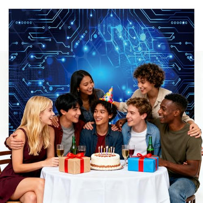 7x5ft Circuit Board Blue Glow Photo Backdrop Tech Theme Sequin Glitter Photography Background Digital Innovation Electronics Event Party Banner Decoration Supplies Polyester - size: 7x5FT