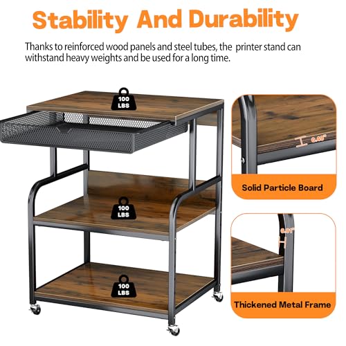 Large Printer Stand with Storage Shelf, 23.6''x18.9'' Rolling Printer Cart Holder with Lockable Wheels, 5-Adjustable Heights, 3D Scanner Fax Printer Table for Home Office Use, Large - size: Large