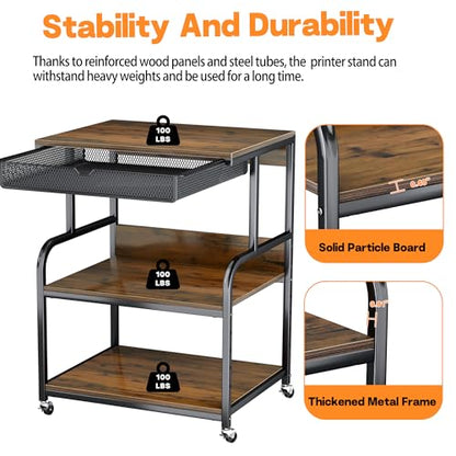 Large Printer Stand with Storage Shelf, 23.6''x18.9'' Rolling Printer Cart Holder with Lockable Wheels, 5-Adjustable Heights, 3D Scanner Fax Printer Table for Home Office Use, Large - size: Large