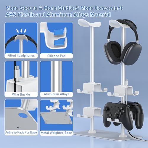 MANMUVIMO Headset Controller Stand for 2 Headset and 8 Controller, Headphone Stand Gaming Controller Holder for PS5 Xbox Airpods Beats Bose, Gaming Room Accessories, Gamer Gifts for Men (White) - size: 2 Headphone 8 Controller Holder White