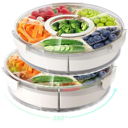Divided Rotating Serving Tray with Lid and Handle, Portable Snackle Box for Fruits Snacks Veggie Charcuterie, Clear Lazy Susan Organizer and Fridge Storage Container for Adults Child (2PCS,12" L - size: 12" L-2pcs