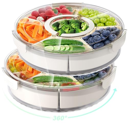 Divided Rotating Serving Tray with Lid and Handle, Portable Snackle Box for Fruits Snacks Veggie Charcuterie, Clear Lazy Susan Organizer and Fridge Storage Container for Adults Child (2PCS,12" L - size: 12" L-2pcs