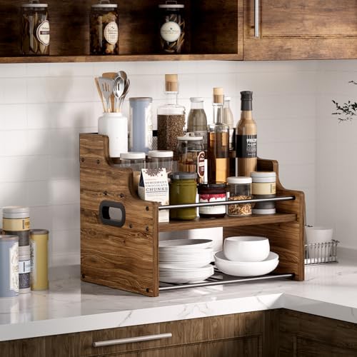 4-Tier Wood Display Shelf Wine Rack for 16 Bottles Wood Coffee Syrup Organizer with Handles Home Whiskey Shelf Retro Mini Liquor Cabinet Spice Rack Coffee Bar Shelves, Walnut - color: Walnut
