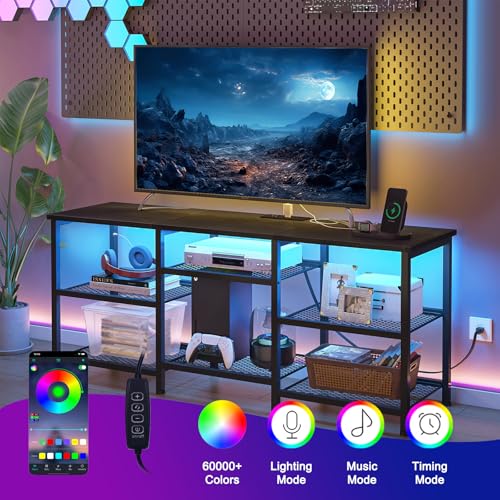 YGEOMER Entertainment Center for TVs Up to 50 Inch, Entertainment Stand with Power Outlet and LED Lights Open Storage Shelves, TV Console Table for Living Room and Bedroom, Black - color: Black
