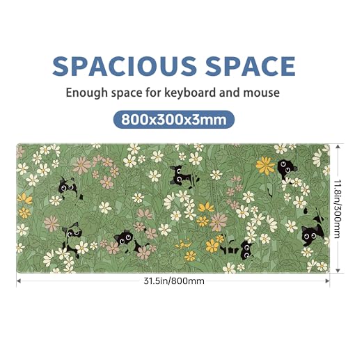 Cute Cat Mouse Pad Large Green Desk Mat Extended Keyboard Mouse Pad Kawaii Mousepad with Non-Slip Base and Stitched Edge Plant Mouse Mat Desk Pad 31.5 x 11.8 in Mouse Pads for Decor Home Office Gaming - color: Green Plant Cat
