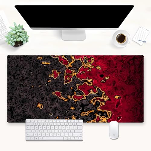 Red and Black Extended Gaming Mouse Pad XL, Abstract Fluid Art Desk Mat | Premium large desk pad featuring a modern black and red fluid marble design. Ideal for sleek abstract tech setups. - color: Red and Black Fluid Art