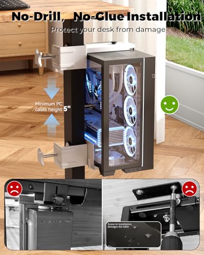 JOY worker Under Desk PC Mount for Standing Desk, Clamp-On Desk Leg Computer Mount, No Drilling, Adjustable Computer Case CPU Holder Holds Up to 44lbs, White PC Tower Mount - color: White, style: Basic