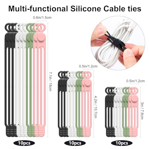 OneLeaf 30Pcs Cord Organizer, Silicone Cable Ties Reusable, Cord Ties for Electronics, Multipurpose Elastic Wire Ties, Travel Essentials for Cable Organizer, Wire Organizers for Fastening Cords