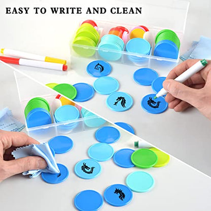 DLUGOPIS 100 Pcs 1 Inch Dry Erase Tokens Game Tokens Set Dry Erase with A Storage Box and 4 Wipes Reusable Game Discs for Tabletop Games DIY Plastic Counters Chips 1Inch and 1.5 Inch - size: 1 Inch and 1.5 Inch