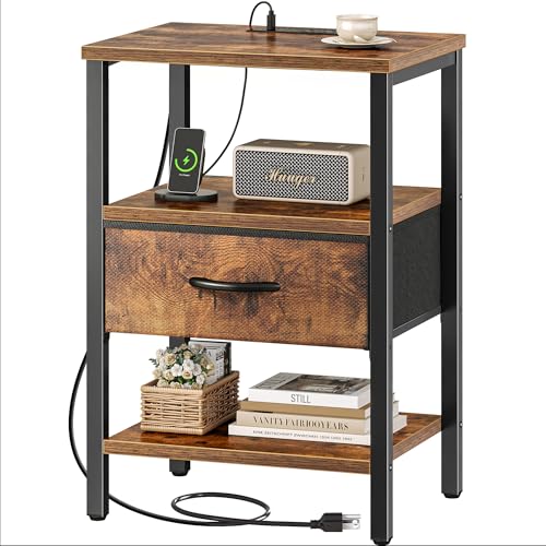 SUPERJARE Nightstand with Charging Station, Bed Side Table with Adjustable Fabric Drawer, Night Stand for Bedroom, 3-Tier Storage End Table, for Living Room, Rustic Brown - color: Rustic Brown, size: M (11.8"D x 15.7"W x 23.4"H)